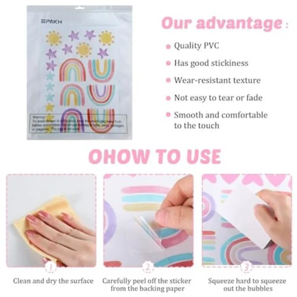 Rainbow Wall Stickers Kids Room Decals Heart Star Sun Vinyl Nursery Bedroom Deco